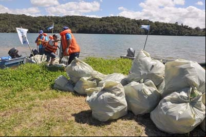 Voluntários recolhem lixo na represa Vargem das Flores